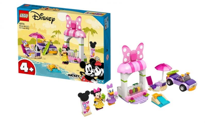 Mini Miška in Jakica pred pisanim sladolednim barom z vleiko roza pentljo